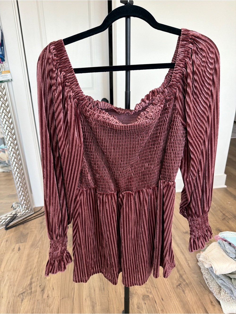 Smocked Velvet Mini Dress in Dusty Rose